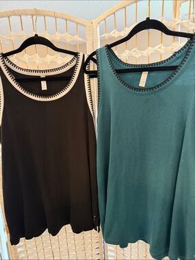 Ribbed Tank Tops - Black & Teal with Contrast Trim